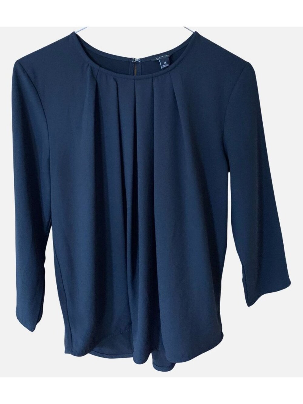 Ann Taylor Womens XS BLACK Pleated Blouse 3/4 Sleeve Quiet Luxury Minimalist